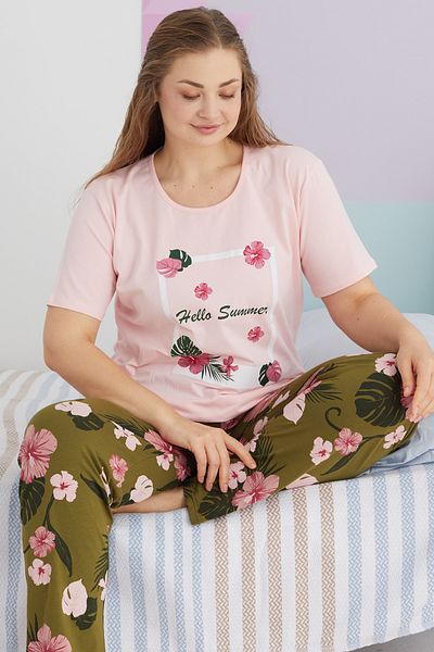 Siyah İnci Large Size Oversize Cotton Knitted Pajamas Set - Multicolor Curve