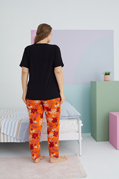 Siyah İnci Large Size Oversize Cotton Knitted Pajamas Set - Multicolor Curve