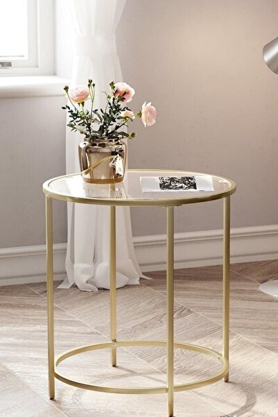 tino furniture Valletta Gold Kaplama Yan Sehpa Şeffaf Camlı Metal Yan Sehpa