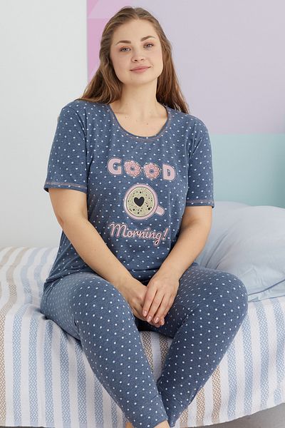 Siyah İnci Large Size Oversize Curve Cotton Pajama Set - Multicolored