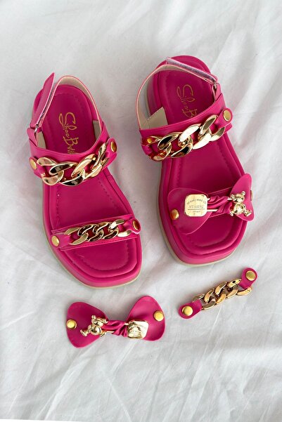 Shoebutik Elio Fuchsia Leather Women's Sandals - Chain and Teddy Bear Detail, Interchangeable Buckle