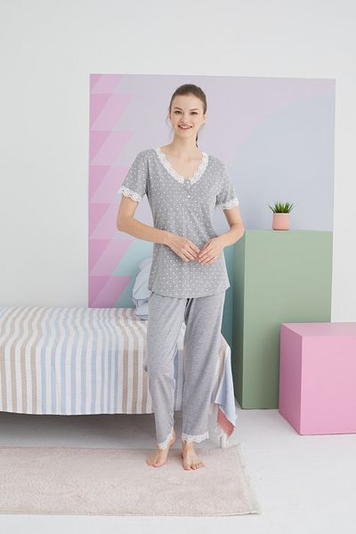 Siyah İnci Cotton Gray Knitted Pajama Set - Buttoned