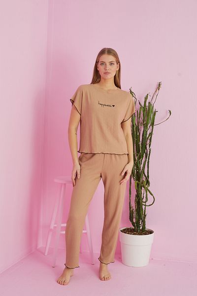 Siyah İnci Knitted Pajama Set - Mink Crinkle Fabric