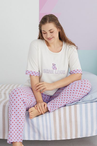 Siyah İnci Large Size Oversize Cotton Knitted Pajamas Set - Multicolor Curve