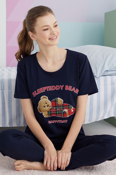 Siyah İnci Cotton Knitted Navy Blue Pajama Set