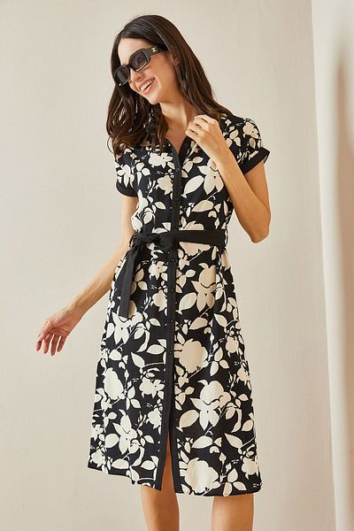 XHAN Polo Neck Patterned Black Midi Dress - 5YXK6-48638-02