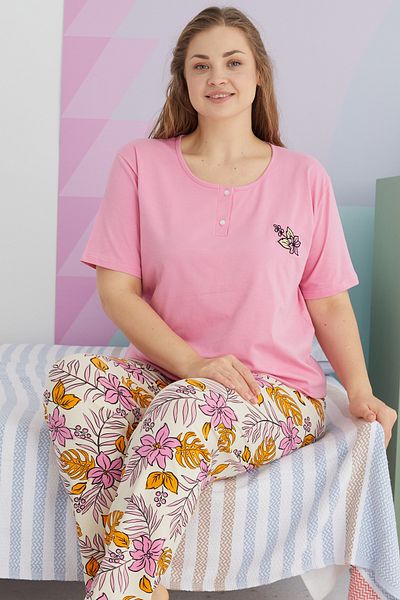 Siyah İnci Large Size Oversize Cotton Knitted Pajamas Set - Multicolor Curve
