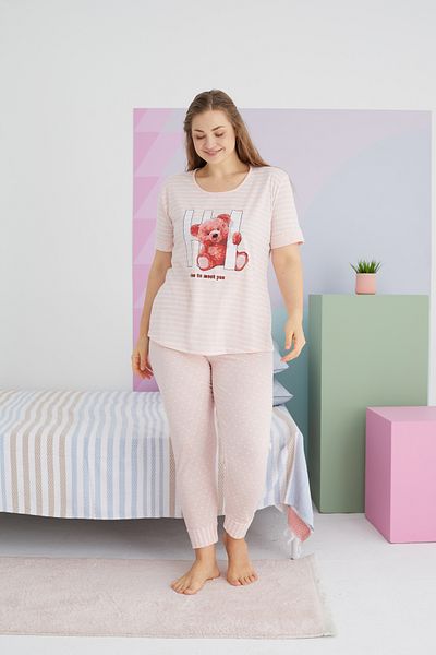 Siyah İnci Large Size Oversize Knitted Cotton Pajamas Set - Multicolored Curve