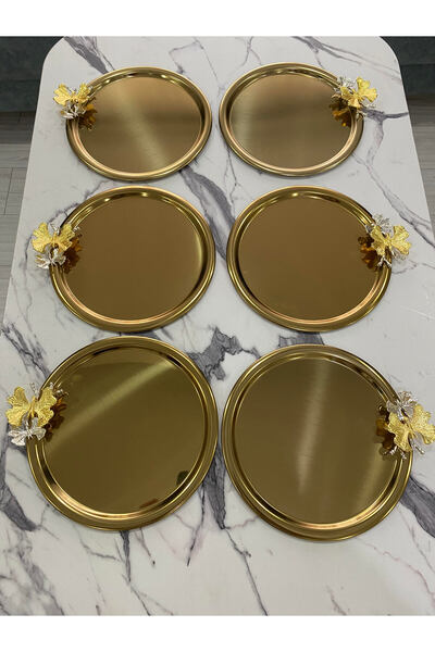 Aslı Hediyelik 6'lı Kelebekli Yuvarlak Gold Sunum Tepsisi Dekoratif Servis Tepsisi Çay, Kahve 22 Cm
