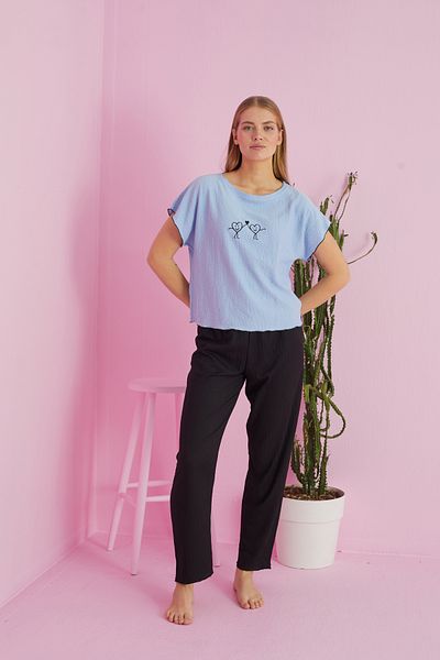 Siyah İnci Knitted Pajama Set - Blue Crinkle Fabric