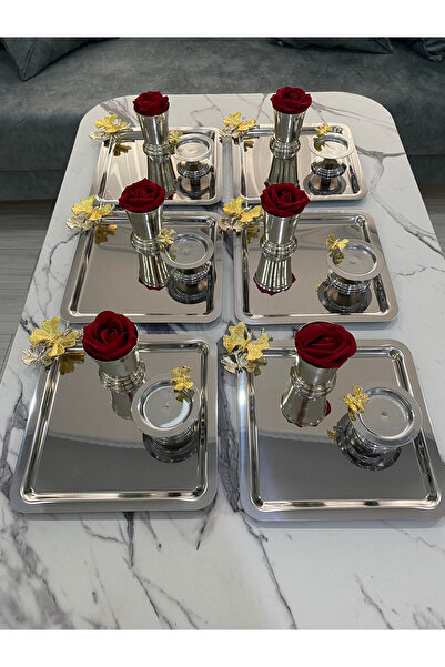Aslı Hediyelik صينية تقديم مربعة من الفولاذ الفضي مكونة من 6 قطع - 3 نماذج مختلفة من دلو الورد، حامل معكرون الفراشة