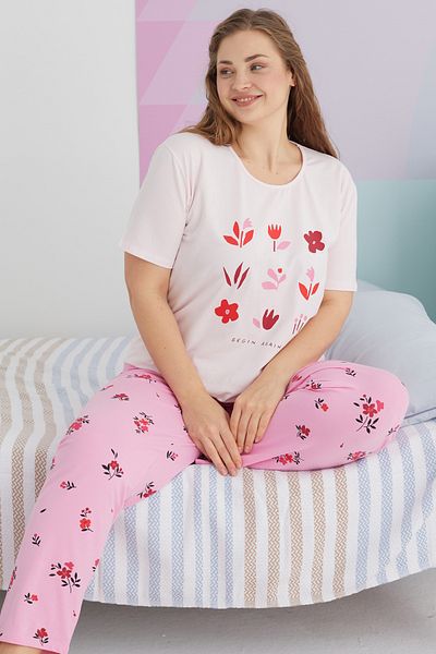 Siyah İnci Large Size Oversize Cotton Knitted Pajamas Set - Multicolor Curve