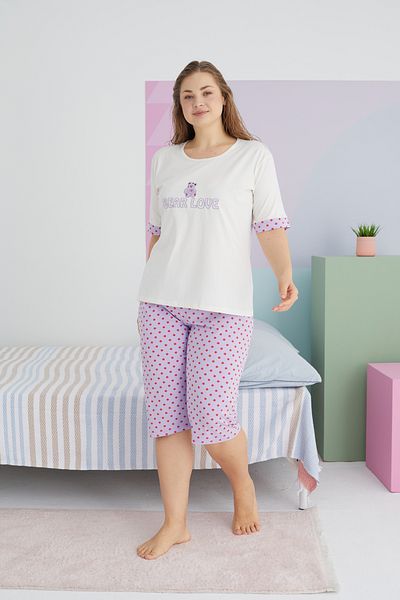 Siyah İnci Large Size Oversize Cotton Curve Capri Set - Multicolored