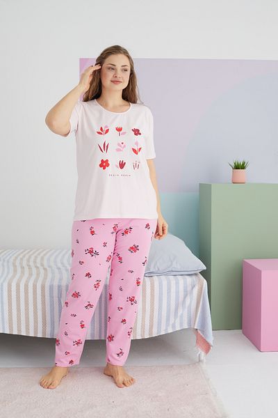 Siyah İnci Large Size Oversize Cotton Knitted Pajamas Set - Multicolor Curve