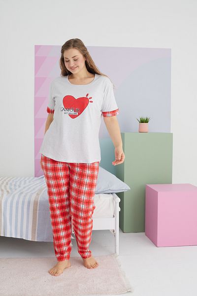 Siyah İnci Large Size Oversize Cotton Knitted Pajamas Set - Multicolor Curve