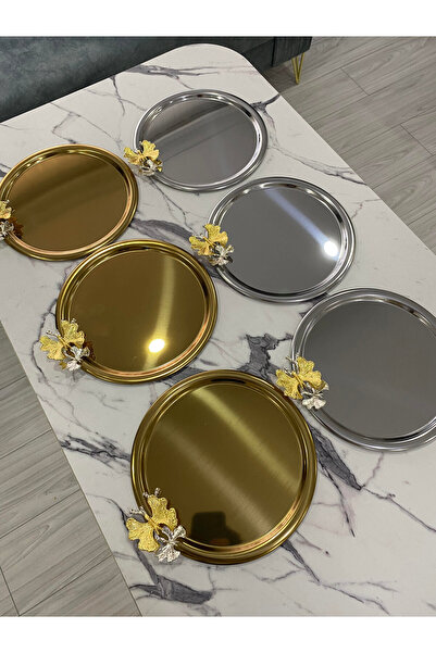Aslı Hediyelik 6'lı Kelebekli  3 Gümüş 3 Gold Yuvarlak Sunum Tepsisi Dekoratif Servis Tepsisi Çay, Kahve 22 Cm