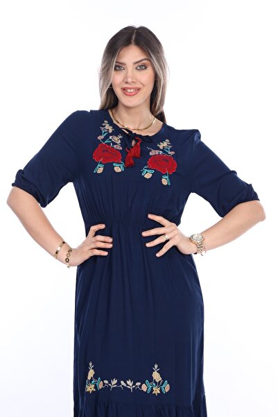 mervemoda Hosszú, hímzett, rövid ujjú galléros női nyári ruha