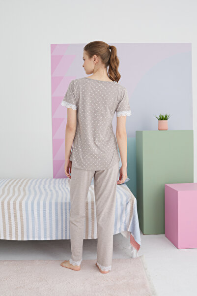 Siyah İnci Cotton Mink Knitted Pajama Set - Buttoned