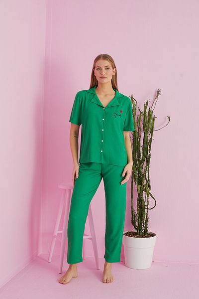 Siyah İnci Green Buttoned Crinkle Knitted Pajama Set