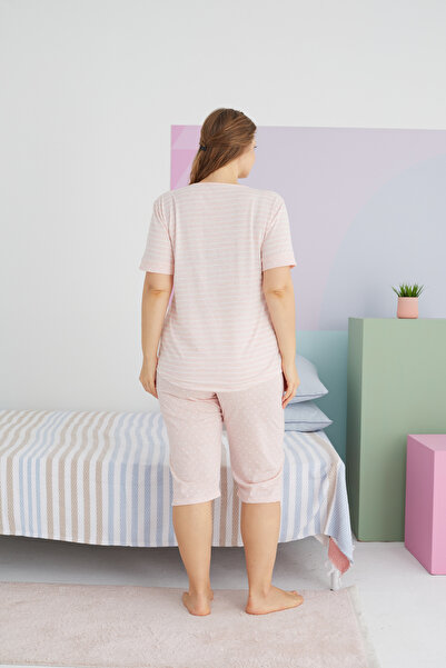 Siyah İnci Large Size Oversize Cotton Curve Capri Set - Multicolored