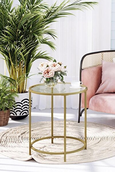 tino furniture Valletta Gold Kaplama Yan Sehpa Şeffaf Camlı Metal Yan Sehpa