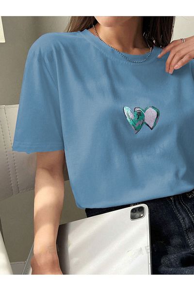 PALPİTO Tricou supradimensionat pentru femei cu model dublu inimă Baby Blue