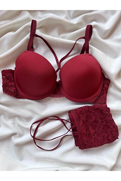 Bordo Dantel Detaylı Push-up Sütyen Takım