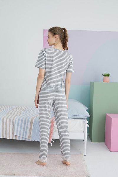 Siyah İnci Cotton Gray Knitted Pajama Set