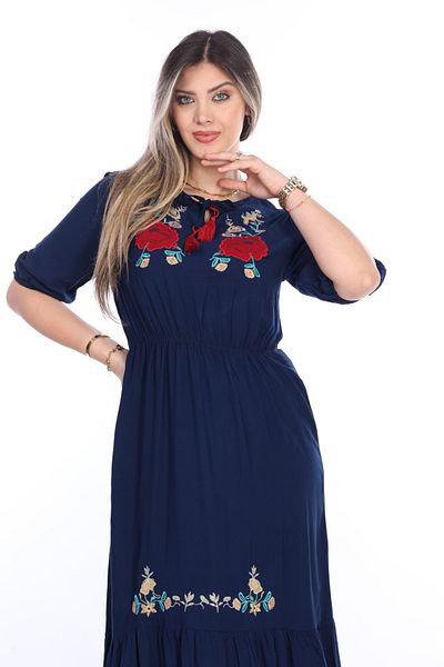mervemoda Hosszú, hímzett, rövid ujjú galléros női nyári ruha