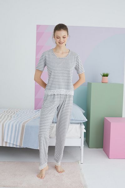 Siyah İnci Cotton Gray Knitted Pajama Set
