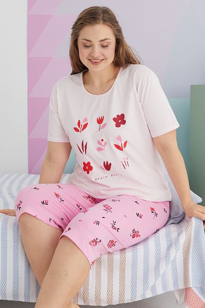 Siyah İnci Large Size Oversize Cotton Curve Capri Set - Multicolored