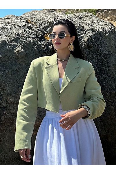 Laluvia Grüne kurze Leinenjacke - Baumwolle