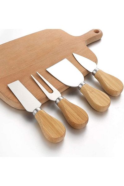 MİS KİTCHEN 4 Pieces Bamboo Handle Mini Steel Cheese Knife Set - Breakfast