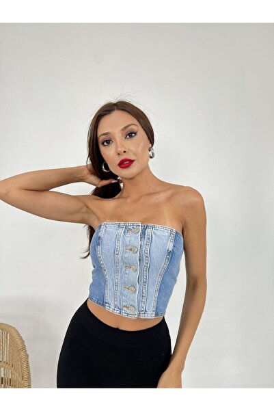 Fame Modrá džínová dámská halenka bez ramínek