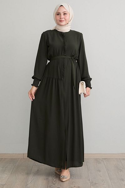 InStyle Asymmetric Cut Khaki Ferace - Ruffle Placket