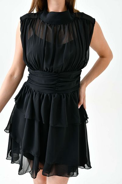 WOMAN VISION Rochie mini din șifon negru - guler ridicat și detaliu stratificat, fără mâneci 093