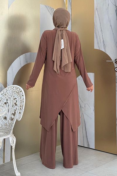 Bym Fashion Σετ Τουνίκ και Παντελόνι με Γιακά Σάλι Asymmetric Cut - Καφέ 8552