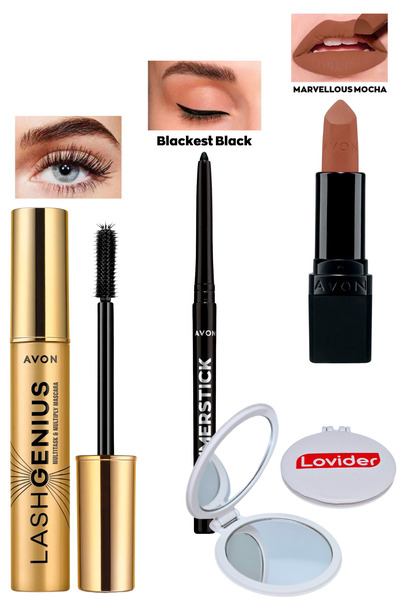 AVON Lash Genius Maskara + Siyah Göz Kalemi + Marvellous Mocha Mat Ruj + Lovi...