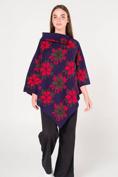 VISHENKA Women's Red Navy Blue - Thick Floral Patterned Knitwear Poncho