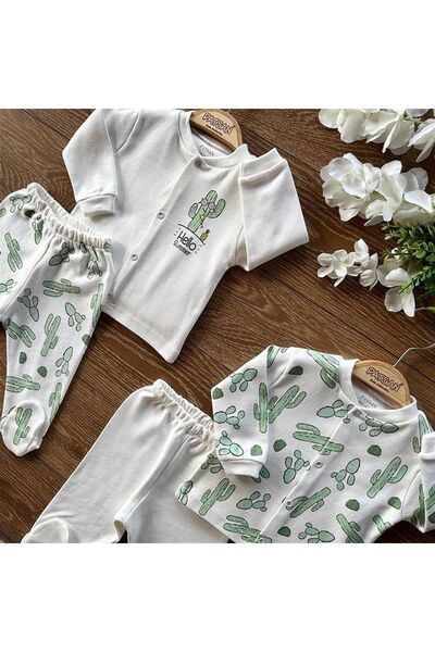 PATSAN 4'lü Pamuklu Bebek Alt Üst Patikli Pijama Takım Kaktüs