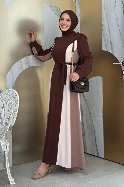 Bym Fashion Brown Dress with Three Colored Waist Belt 3901