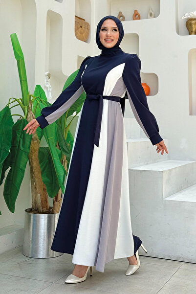 Bym Fashion Φόρεμα με ζώνη μπλε ναυτικό 3901 τριών χρωμάτων