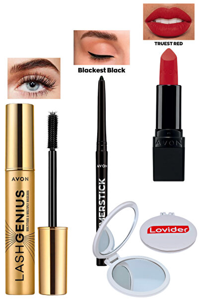 AVON Lash Genius Maskara + Siyah Göz Kalemi + Truest Red Mat Ruj + Lovider Ce...