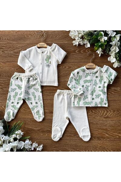 PATSAN 4'lü Pamuklu Bebek Alt Üst Patikli Pijama Takım Kaktüs
