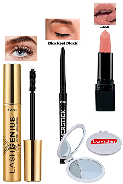 AVON Lash Genius Maskara + Siyah Göz Kalemi + Blush Mat Ruj + Lovider Cep Aynası