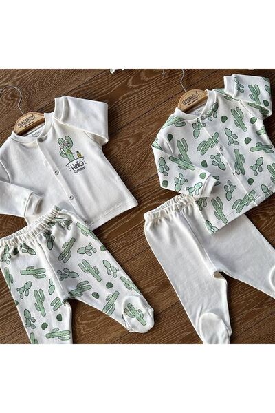 PATSAN 4'lü Pamuklu Bebek Alt Üst Patikli Pijama Takım Kaktüs