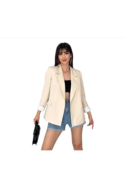 NILOO Women's Blazer Buttonless Pocketed Striped Lined Foldable Sleeve Blazer Jacket