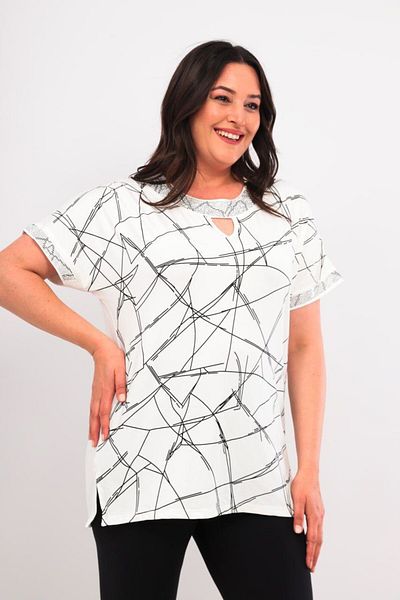 ALTUN TASARIM Oversize Women's Blouse - Stripe Pattern, Stone Detailed Sleeve and Collar
