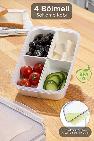 Meleni Home 4 Bölmeli Kapaklı Dikdörtgen Saklama Kabı - Taşınabilir Kahvaltılık Diyet ve Beslenme Kutusu