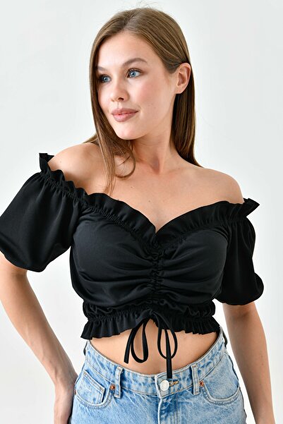 lovebox Černá plodinová halenka Carmen Collar Gathered – krepová látka, krátký rukáv 5027